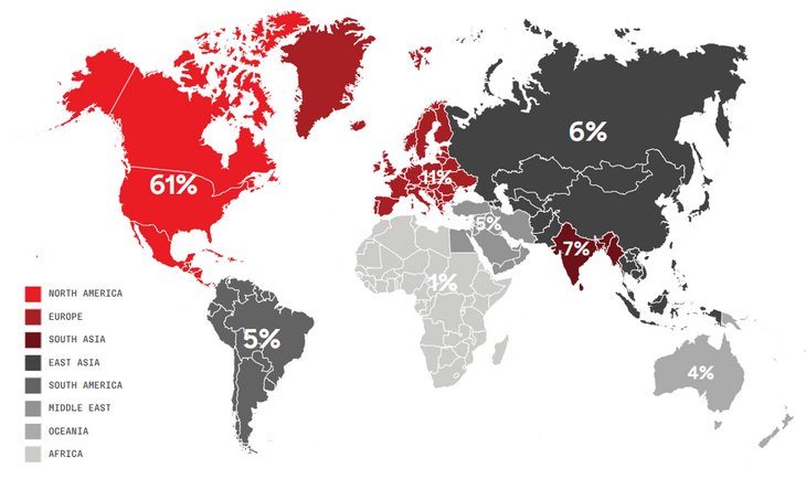 Abb. 02: Regionale Verteilung von Cyberangriffen [Quelle: CrowdStrike  – Global Threat Report 2024]